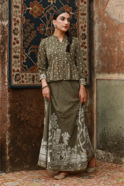 Olive Georgette Printed Flared Lehenga Choli Sets