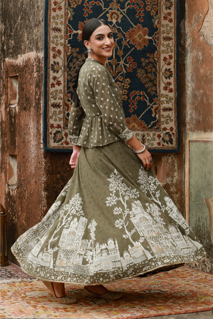 Olive Georgette Printed Flared Lehenga Choli Sets