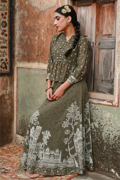 Olive Georgette Printed Flared Lehenga Choli Sets