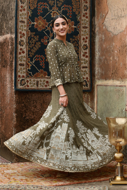 Olive Georgette Printed Flared Lehenga Choli Sets