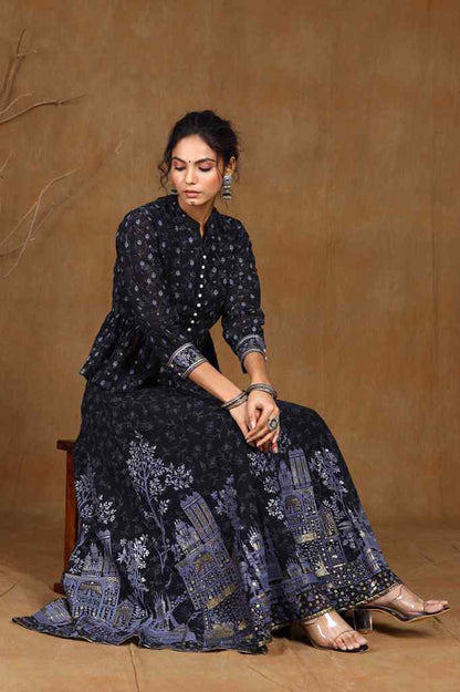 Black Georgette Printed Flared Lehenga Choli Sets
