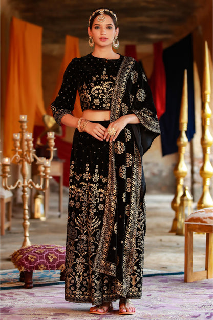 Black Velvet Printed Flared Lehenga Choli Sets