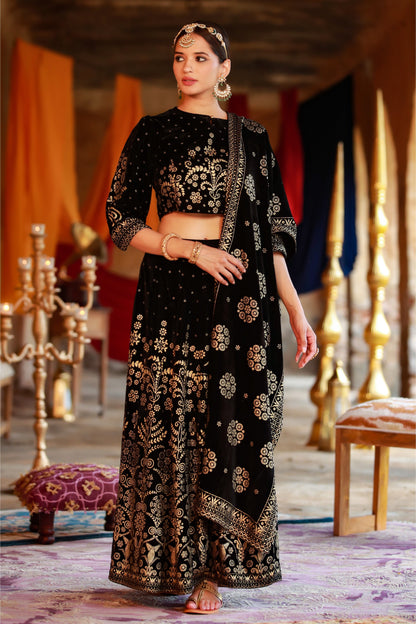Black Velvet Printed Flared Lehenga Choli Sets