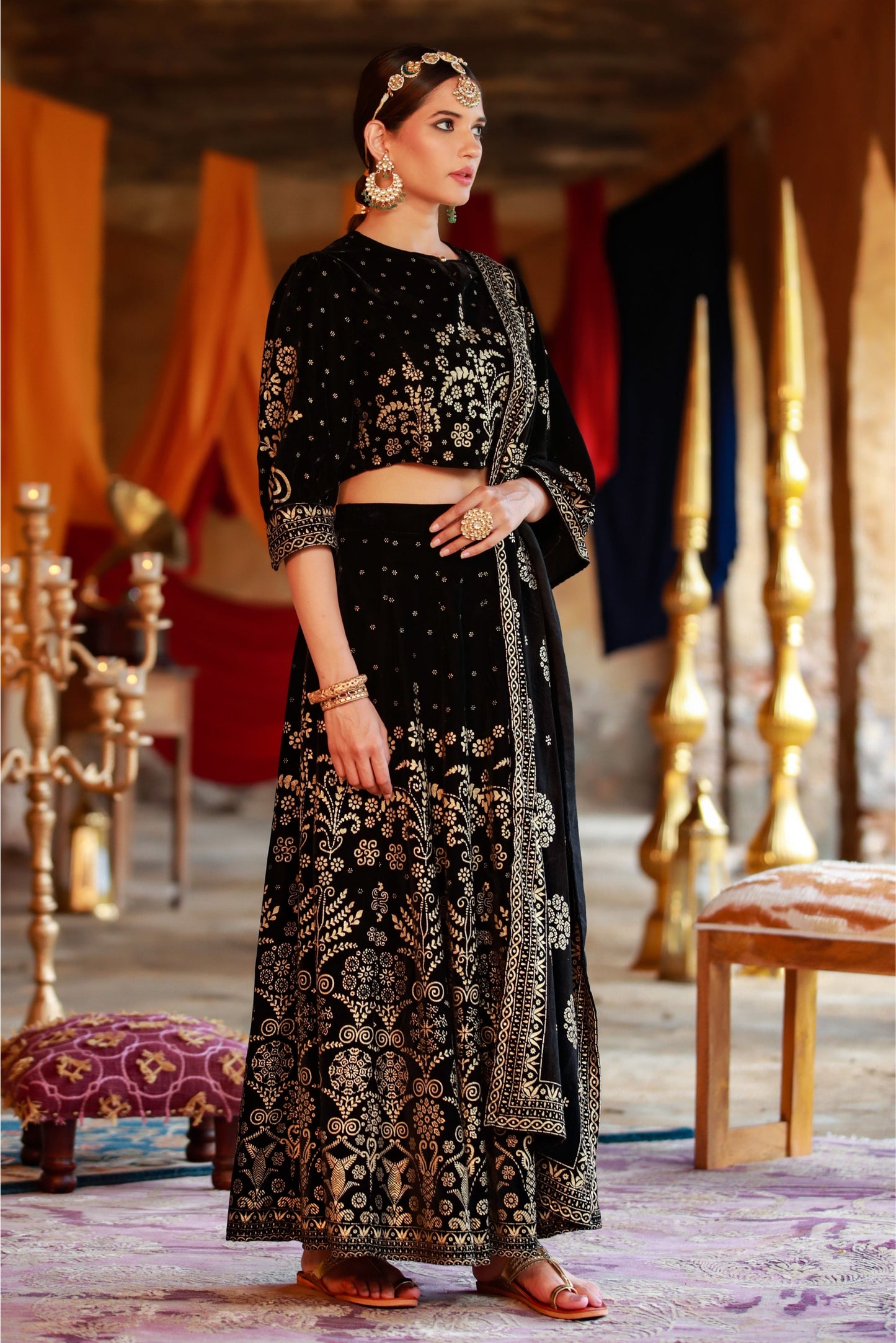 Black Velvet Printed Flared Lehenga Choli Sets