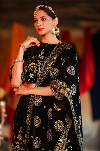 Black Velvet Printed Flared Lehenga Choli Sets