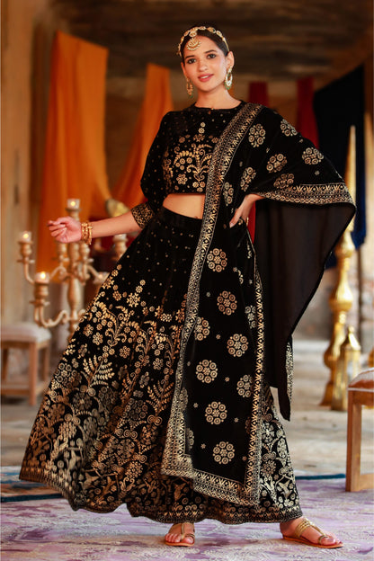Black Velvet Printed Flared Lehenga Choli Sets