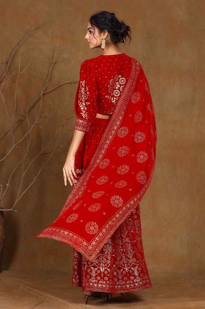 Maroon Velvet Printed Flared Lehenga Choli Sets