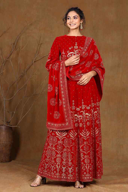 Maroon Velvet Printed Flared Lehenga Choli Sets