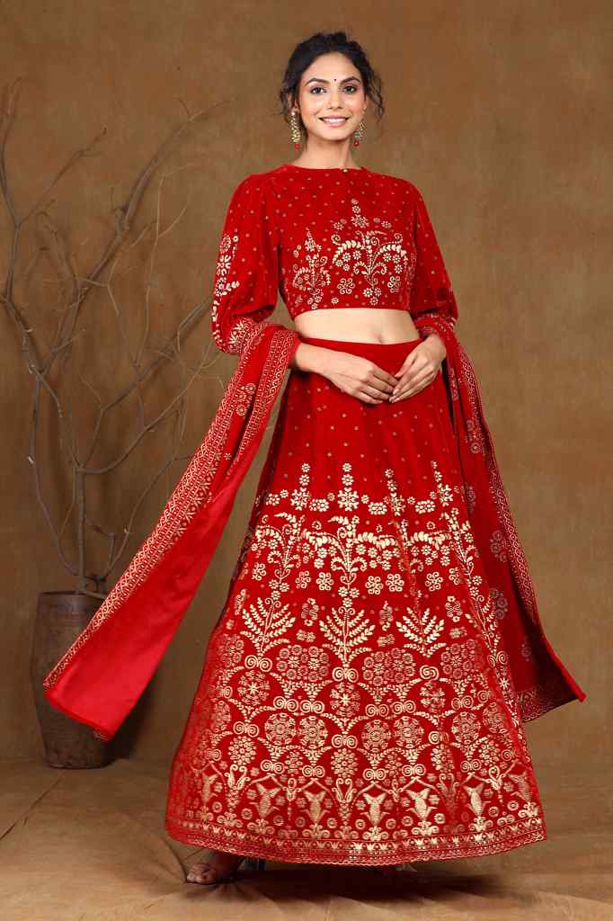 Maroon Velvet Printed Flared Lehenga Choli Sets