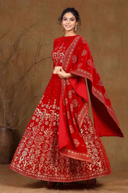 Maroon Velvet Printed Flared Lehenga Choli Sets