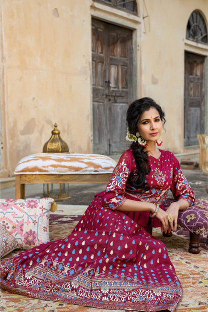 Burgundy Shantoon Printed Flared Lehenga Choli Sets