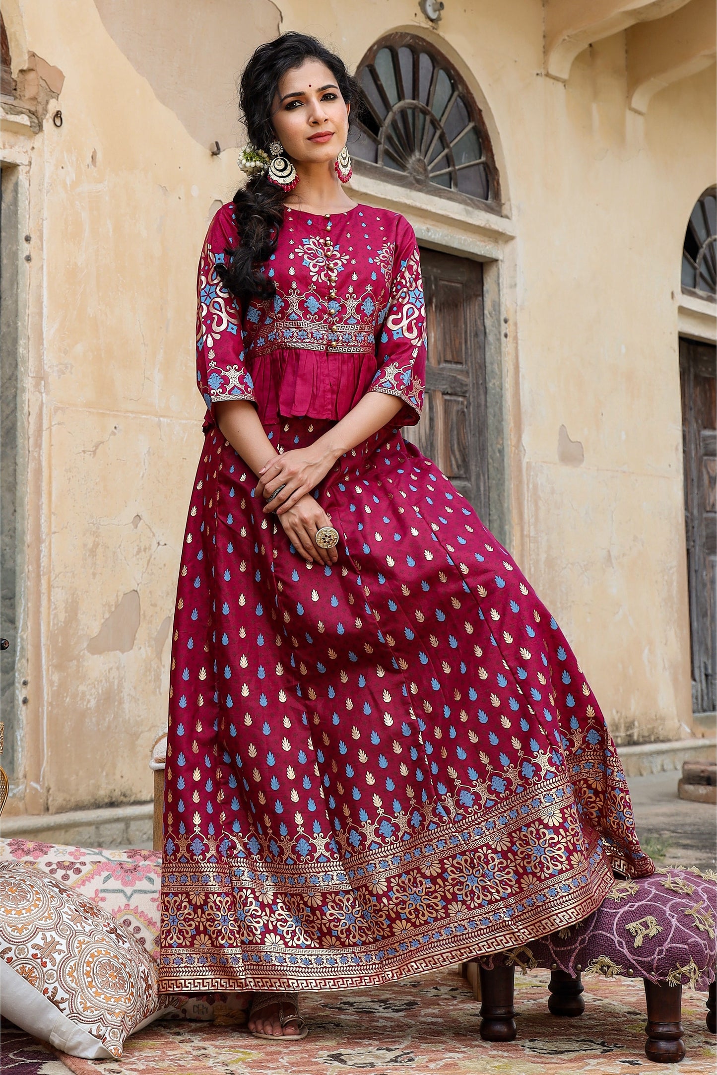Burgundy Shantoon Printed Flared Lehenga Choli Sets