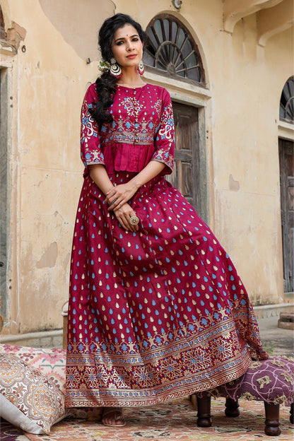 Burgundy Shantoon Printed Flared Lehenga Choli Sets