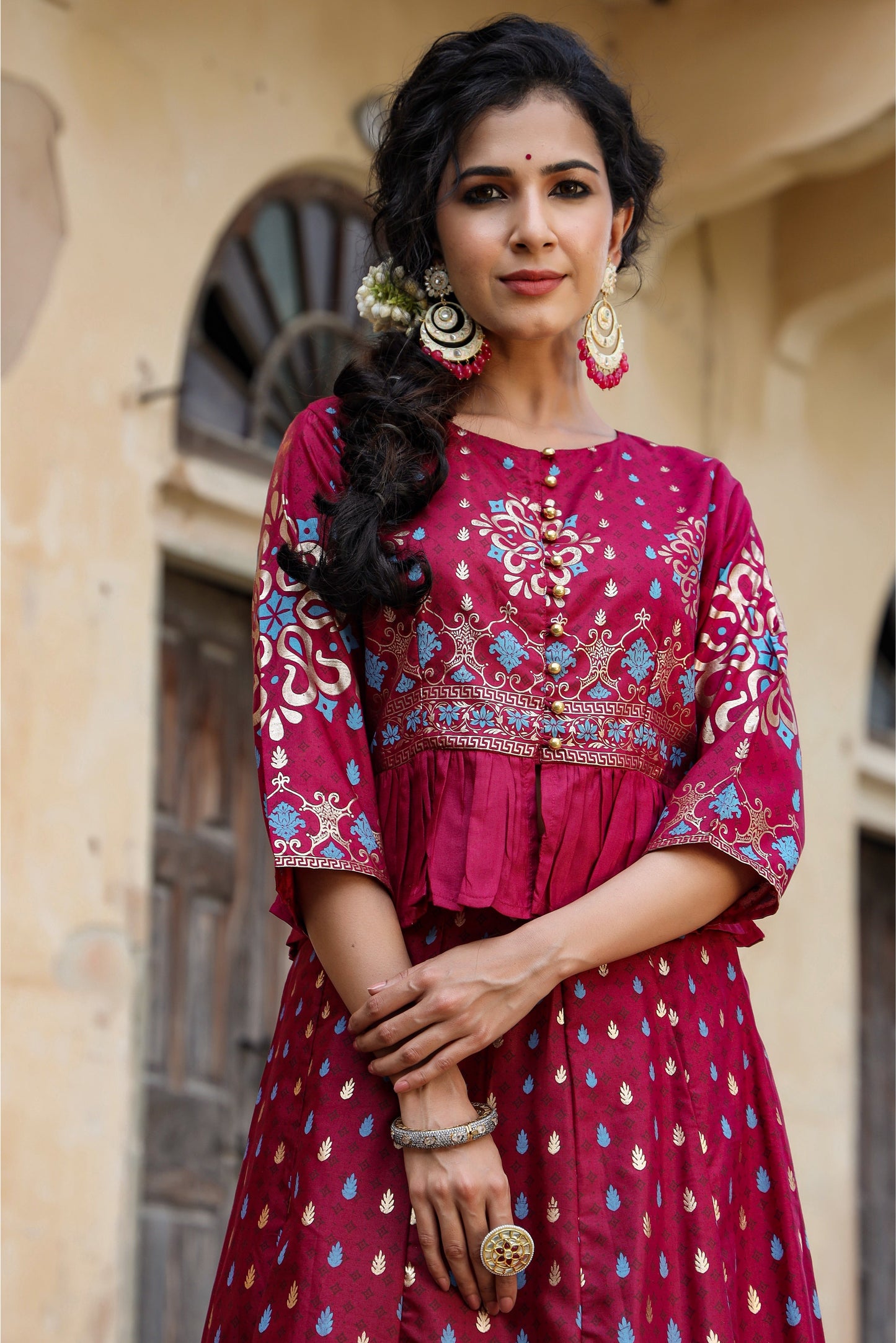 Burgundy Shantoon Printed Flared Lehenga Choli Sets