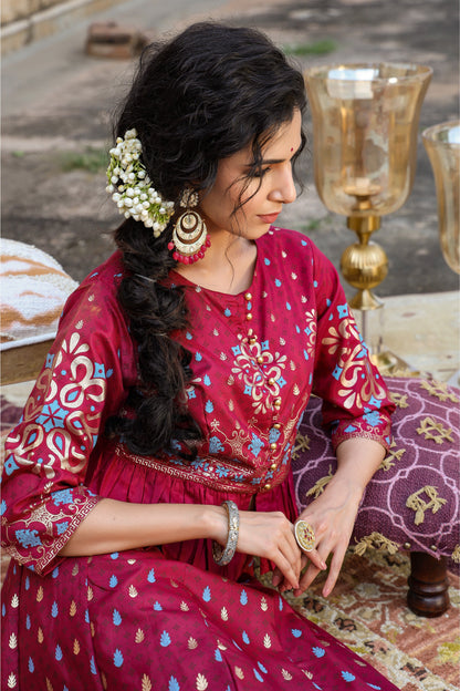 Burgundy Shantoon Printed Flared Lehenga Choli Sets