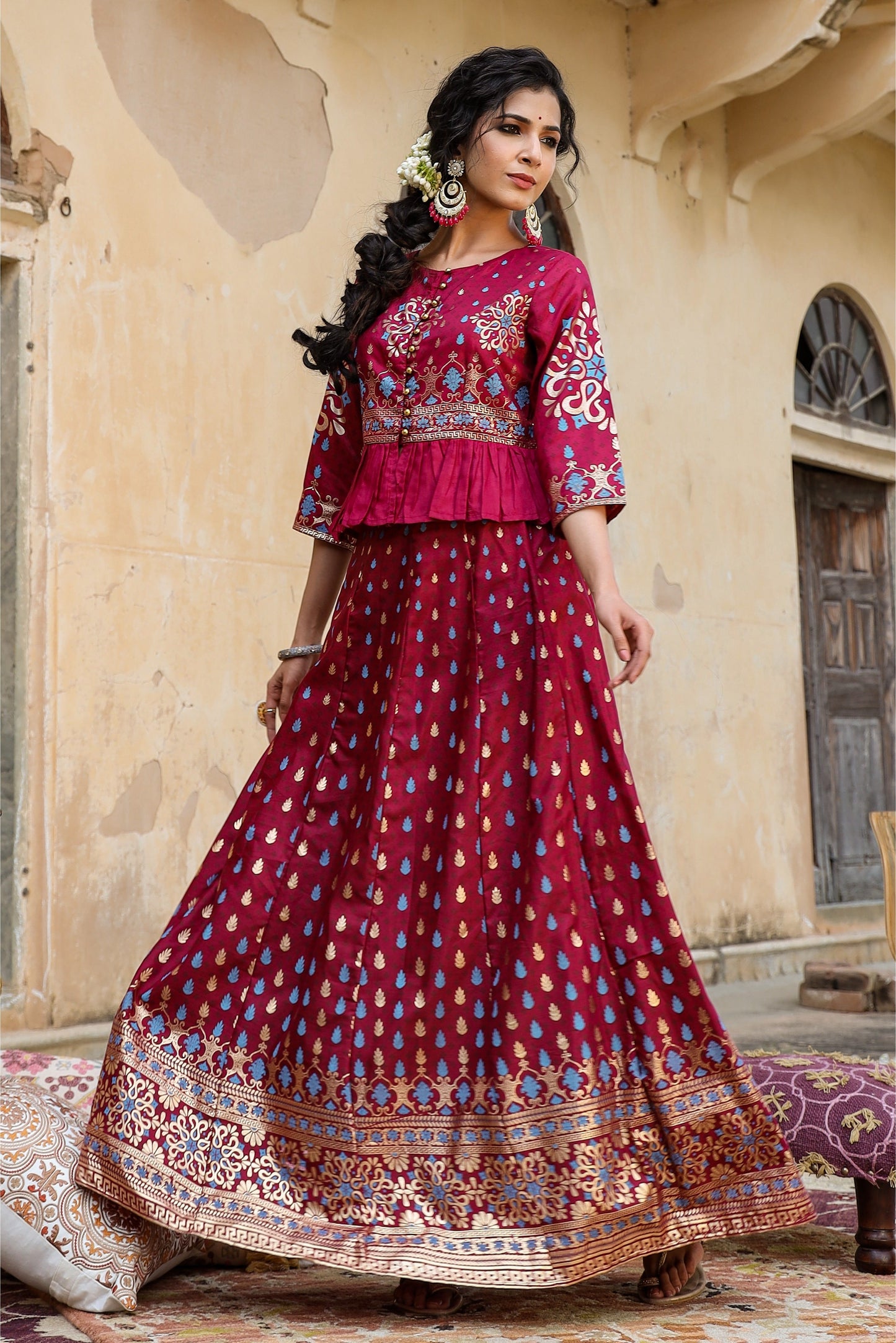 Burgundy Shantoon Printed Flared Lehenga Choli Sets