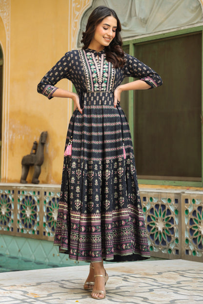 Darkblue Rayon Embroidered Flared Dress