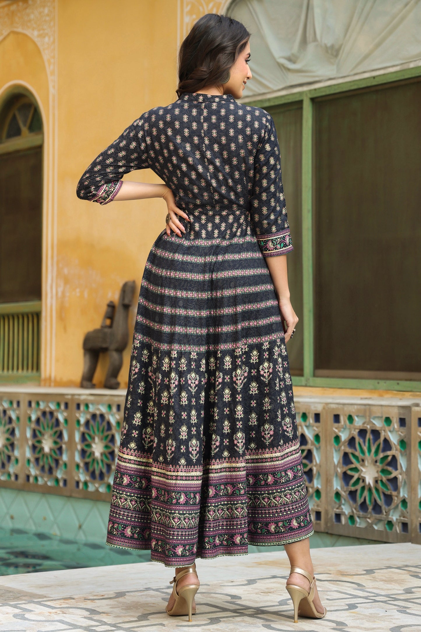 Darkblue Rayon Embroidered Flared Dress