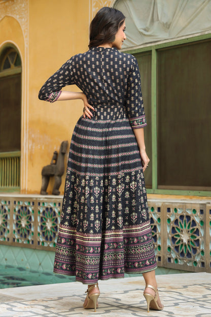 Darkblue Rayon Embroidered Flared Dress