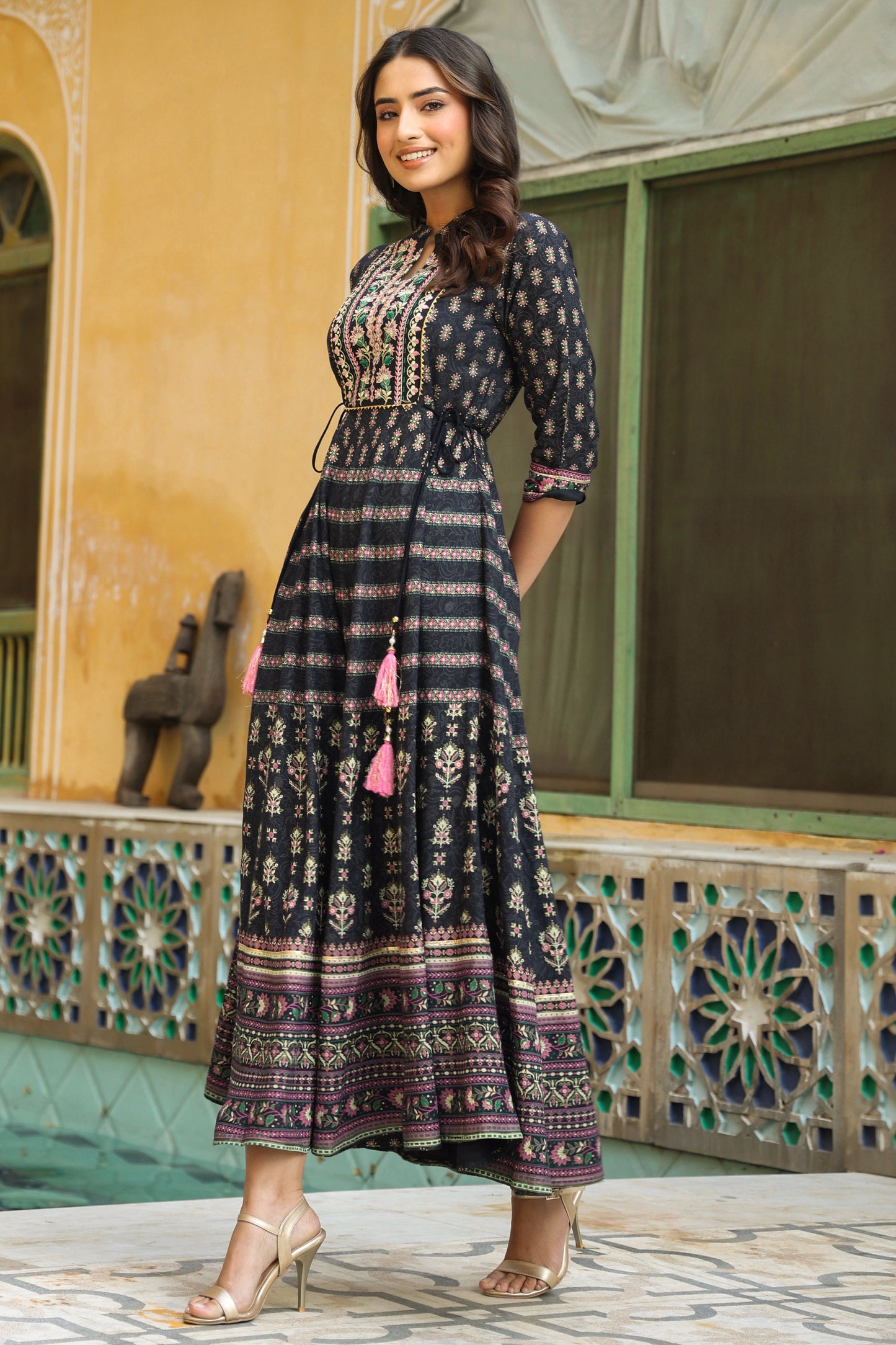 Darkblue Rayon Embroidered Flared Dress