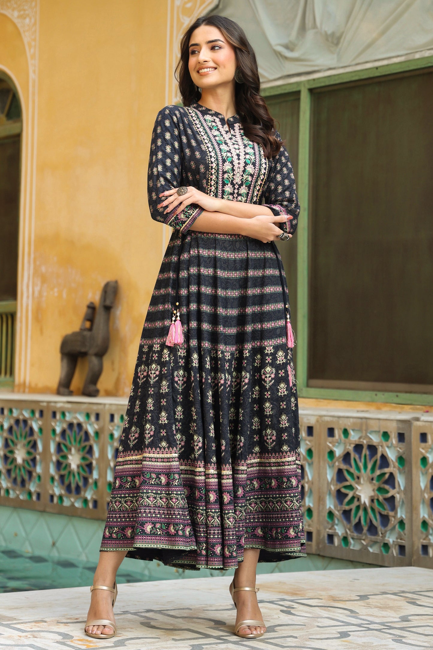 Darkblue Rayon Embroidered Flared Dress