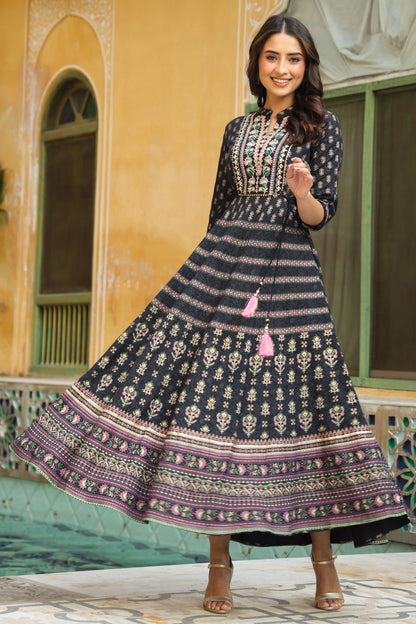 Darkblue Rayon Embroidered Flared Dress