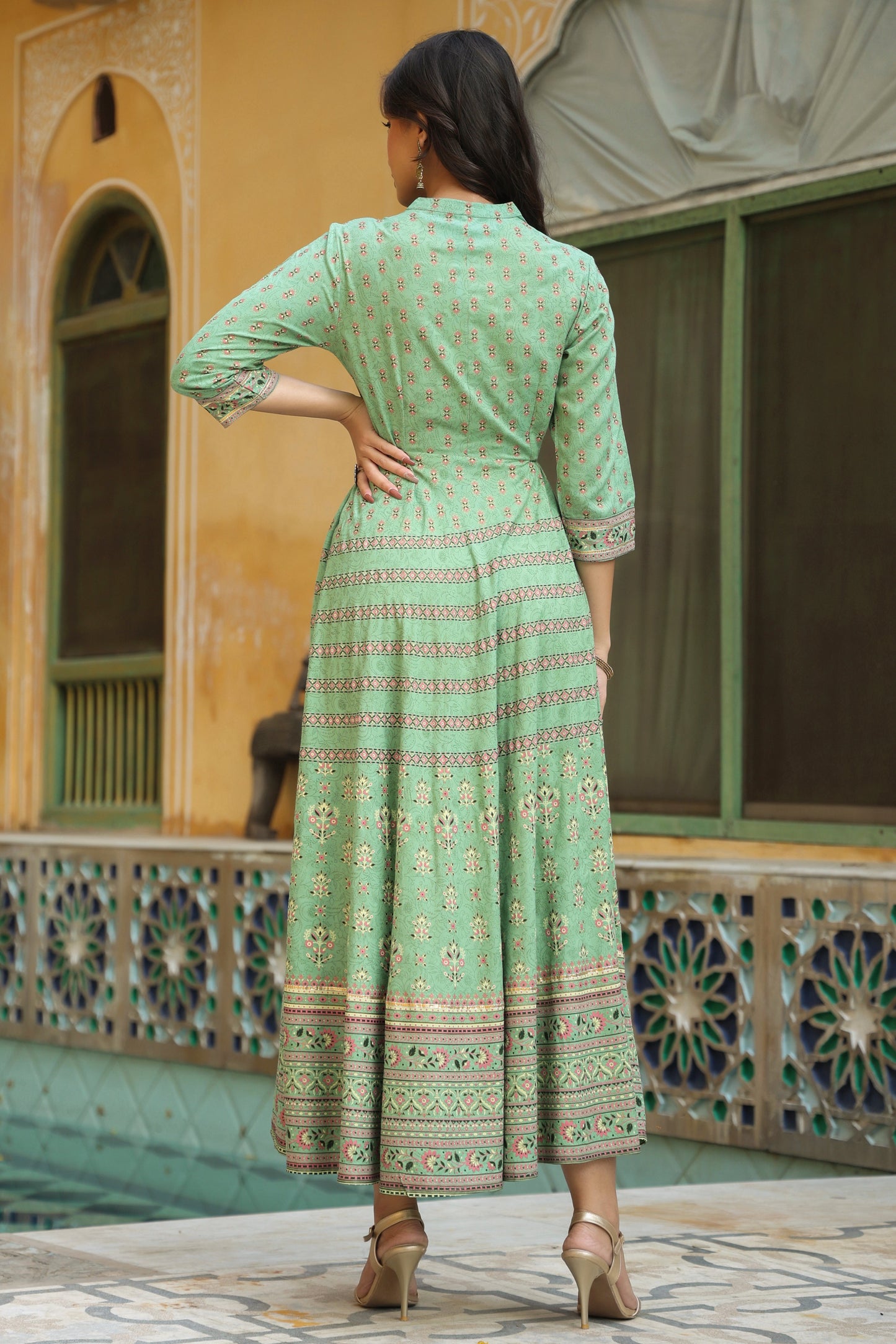 Pistagreen Rayon Embroidered Flared Dress