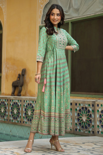 Pistagreen Rayon Embroidered Flared Dress