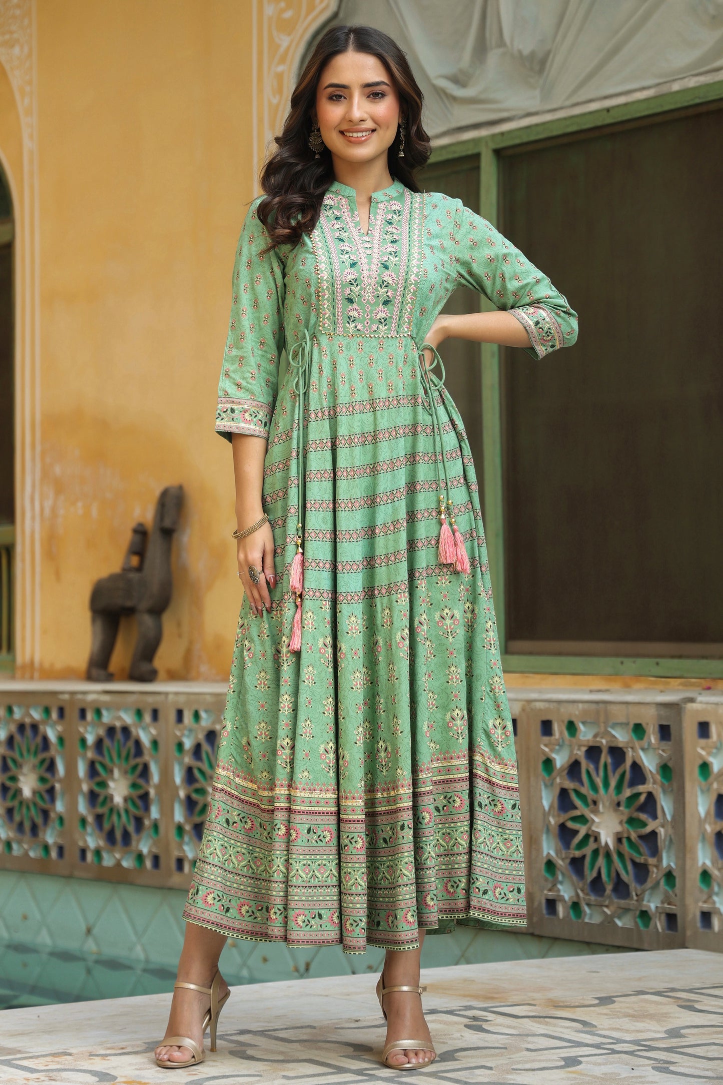 Pistagreen Rayon Embroidered Flared Dress