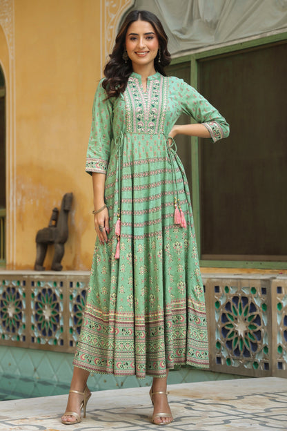 Pistagreen Rayon Embroidered Flared Dress