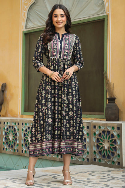 Darkblue Rayon Printed A-Line Dress