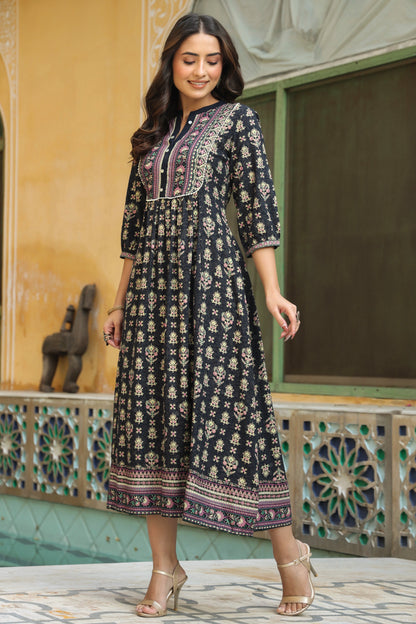 Darkblue Rayon Printed A-Line Dress