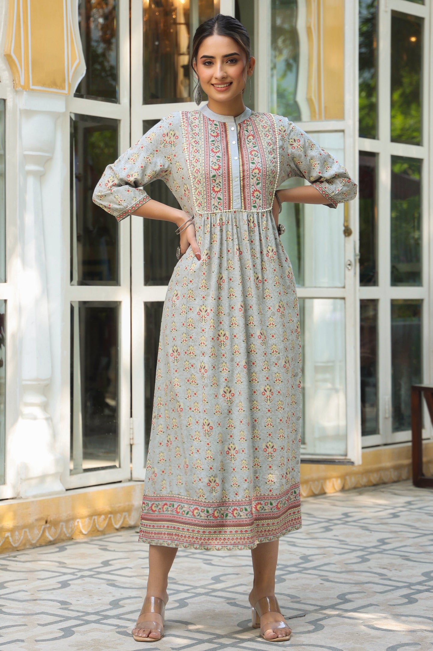 Grey Rayon Printed A-Line Dress