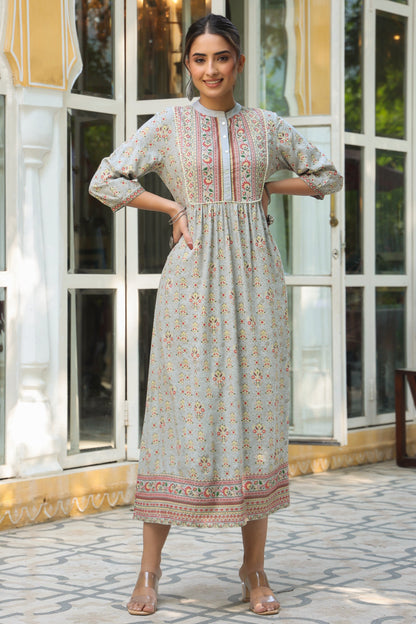 Grey Rayon Printed A-Line Dress