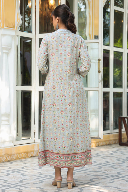 Grey Rayon Printed A-Line Dress