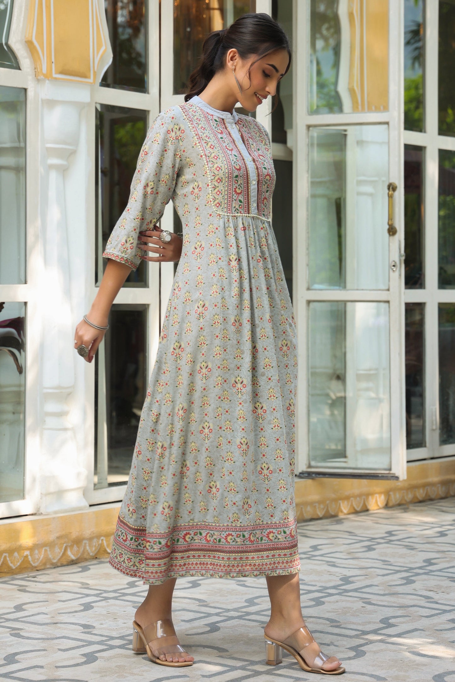 Grey Rayon Printed A-Line Dress