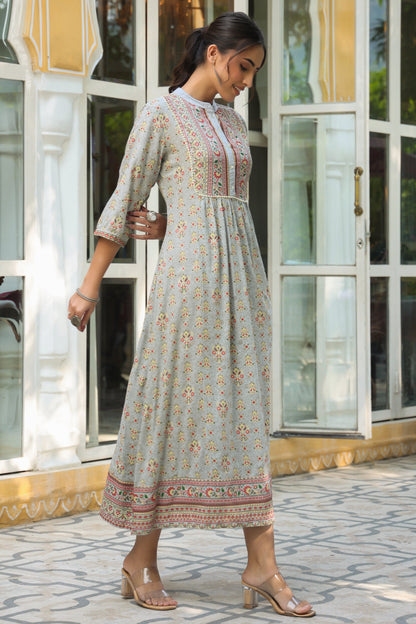 Grey Rayon Printed A-Line Dress