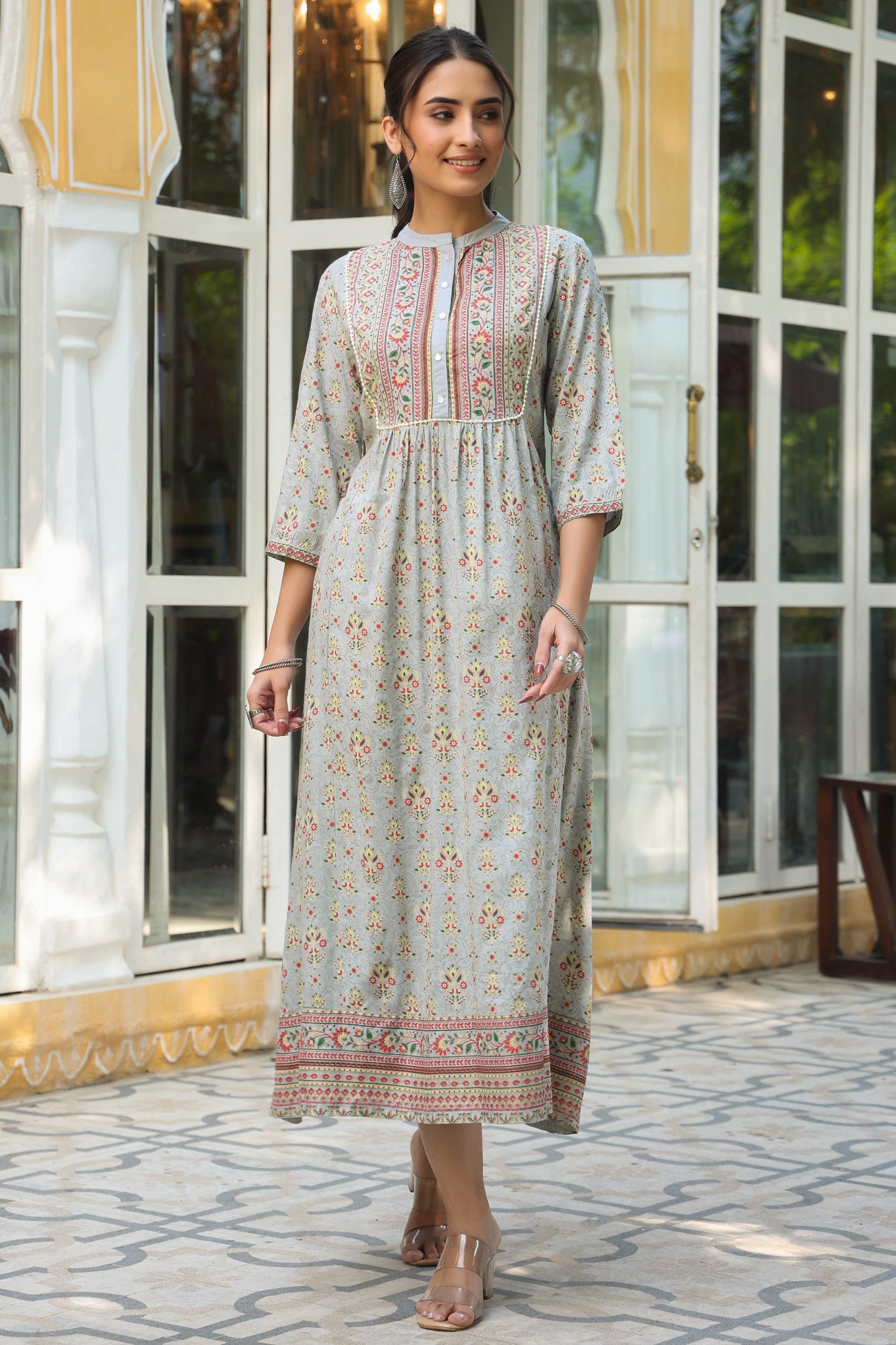 Grey Rayon Printed A-Line Dress