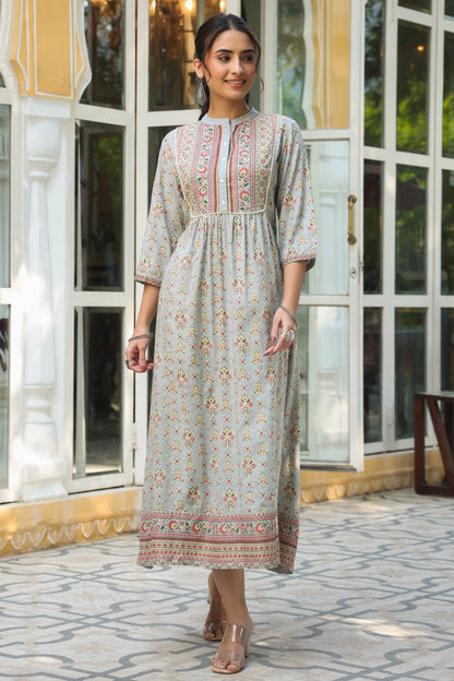 Grey Rayon Printed A-Line Dress