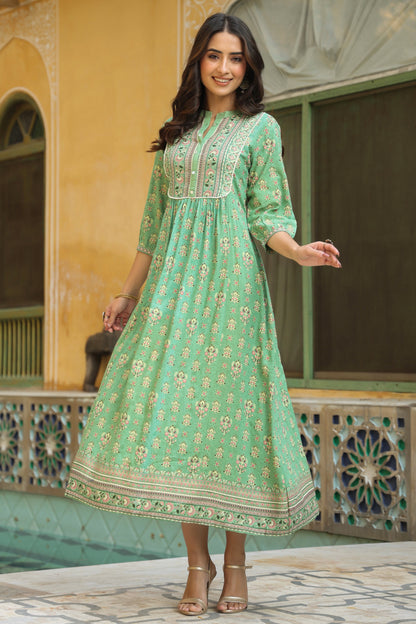 Pistagreen Rayon Printed A-Line Dress