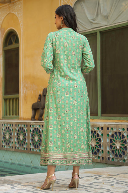 Pistagreen Rayon Printed A-Line Dress