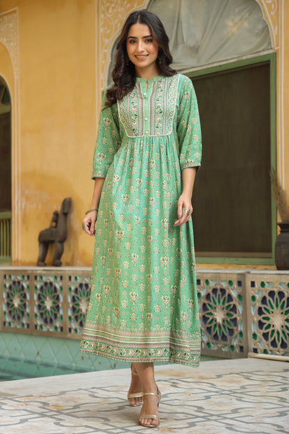 Pistagreen Rayon Printed A-Line Dress