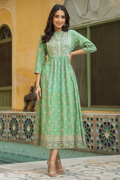 Pistagreen Rayon Printed A-Line Dress