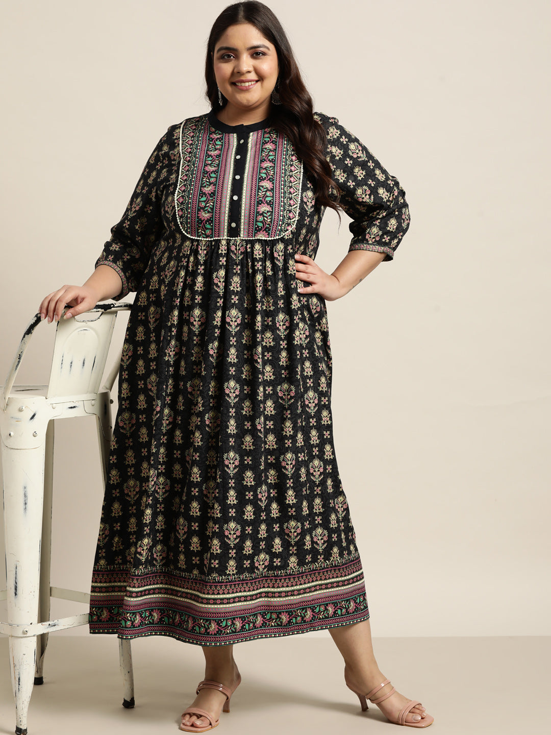 Dark Blue Rayon Fusion Wear Printed A-line Dress