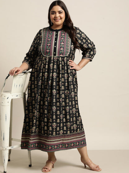 Dark Blue Rayon Fusion Wear Printed A-line Dress