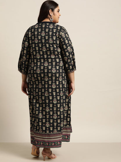 Dark Blue Rayon Fusion Wear Printed A-line Dress