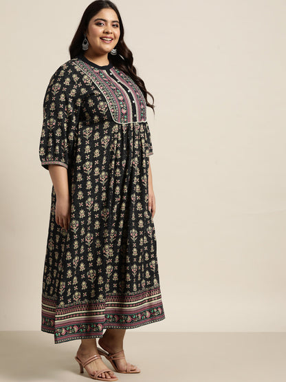 Dark Blue Rayon Fusion Wear Printed A-line Dress