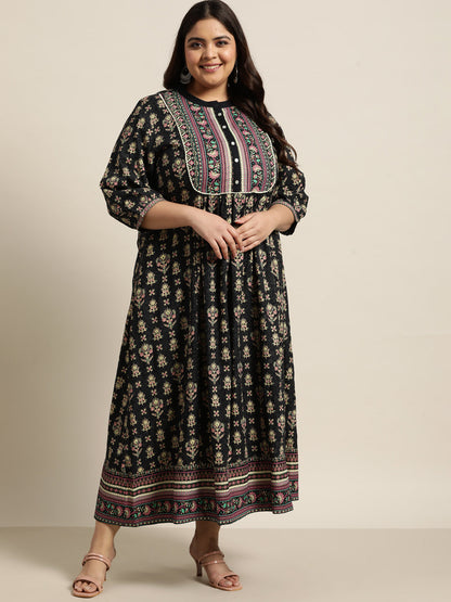 Dark Blue Rayon Fusion Wear Printed A-line Dress