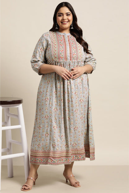 Grey Rayon Fusion Wear Printed A-line Dress