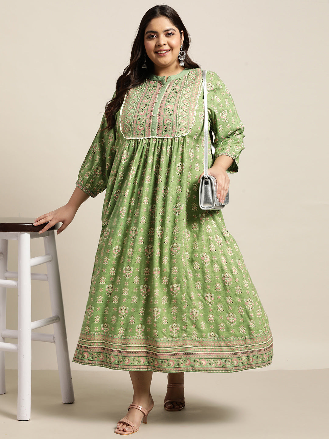 Pista Green Rayon Fusion Wear Printed A-line Dress